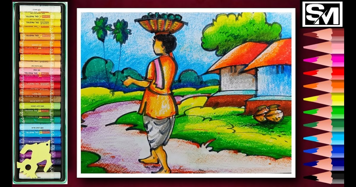 Oil Pastel Scenery Drawing With Human Figure - Easy step by step