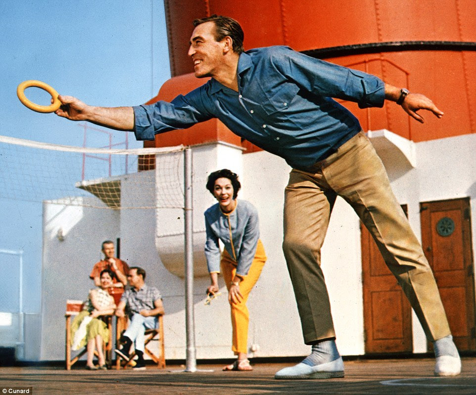 A game of hoopla is enjoyed by guests on deck, with the ship's funnel partially visible in the background