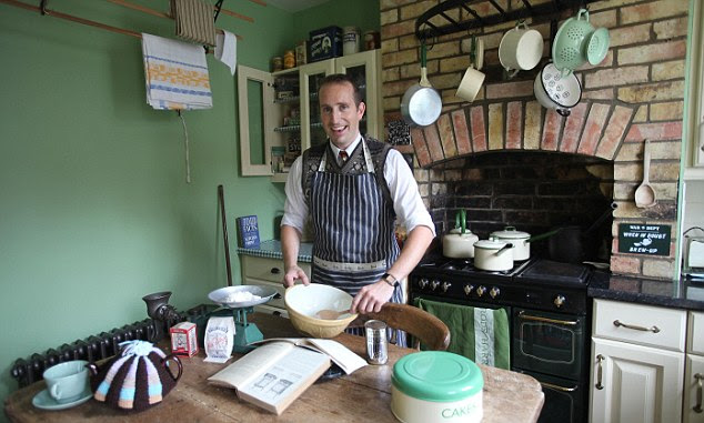 Wartime rations: Ben Ransum cooking in his detail-perfect Forties kitchen