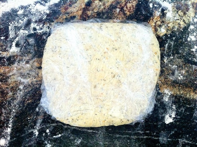 Disk of Cracker Dough Wrapped in Plastic