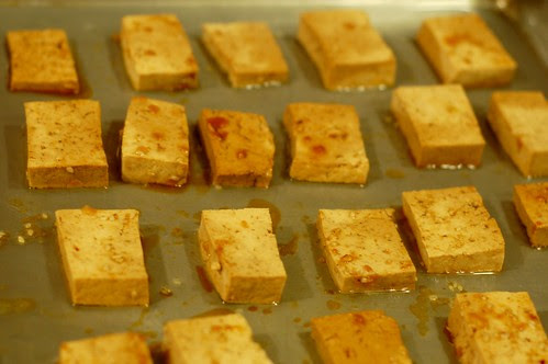 Tofu squares heading into the oven by Eve Fox, Garden of Eating blog, copyright 2011
