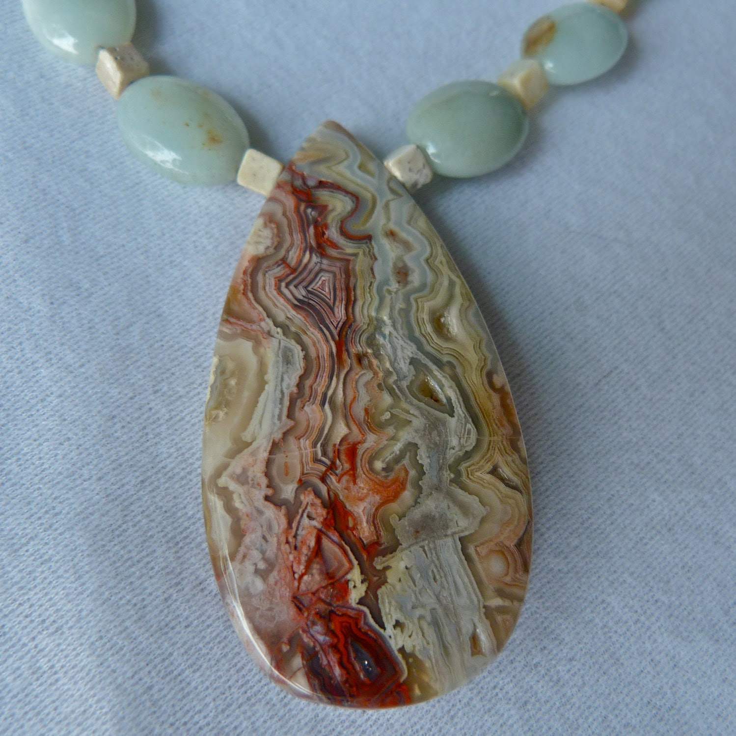 Magnificent Laguna Lace Agate Pendant and Amazonite Necklace - StoneSongNecklaces