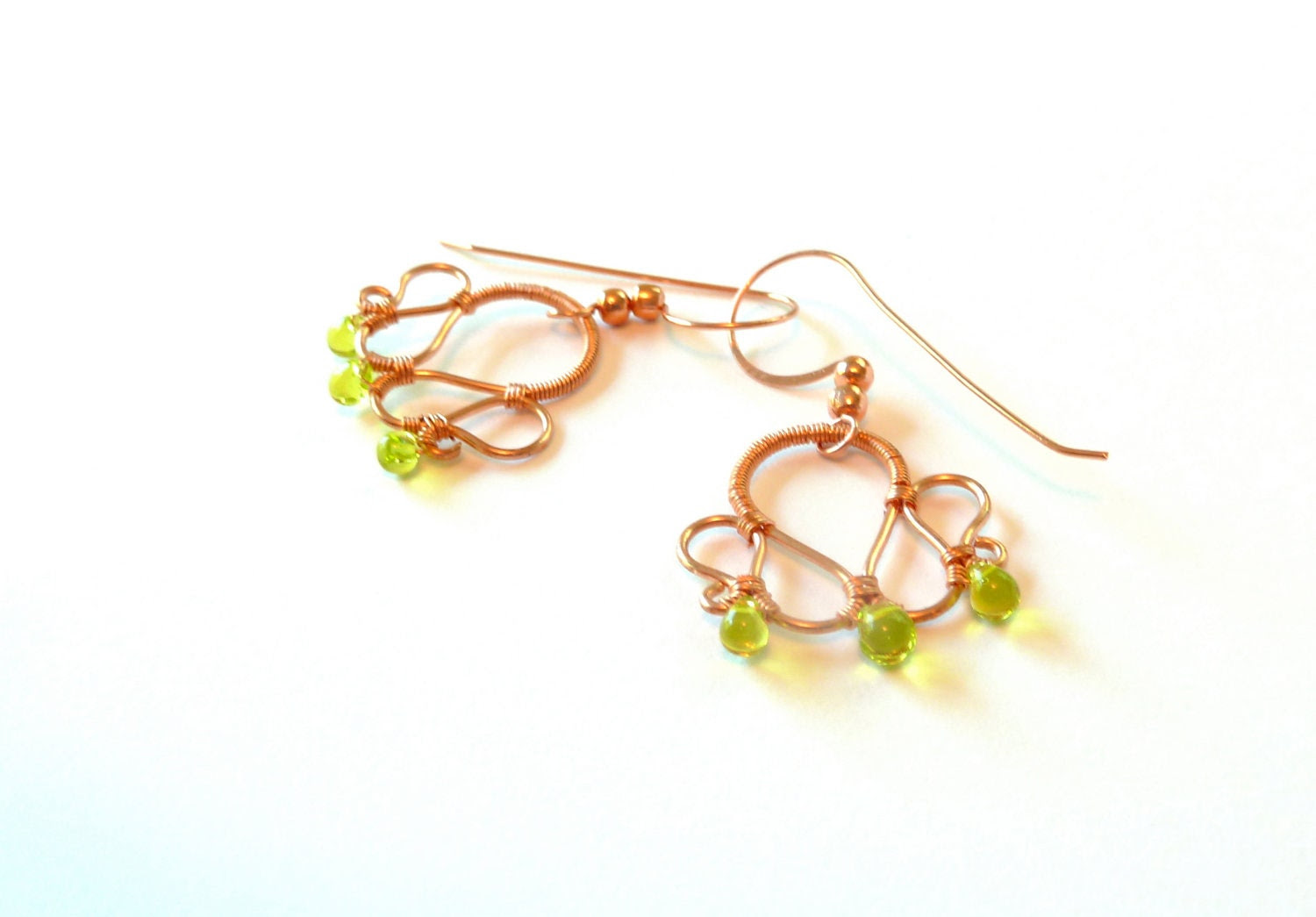 Copper Wire Wrapped Chartreuse Dangle Earrings - CorkyWhites Copper Wire Wrapped Chartreuse Dangle Earrings - CorkyWhites