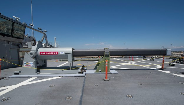 One of the two electromagnetic railgun prototypes on display aboard the joint high speed vessel USS Millinocket (JHSV 3) in port at Naval Station San Diego, Calif. US Navy Photo