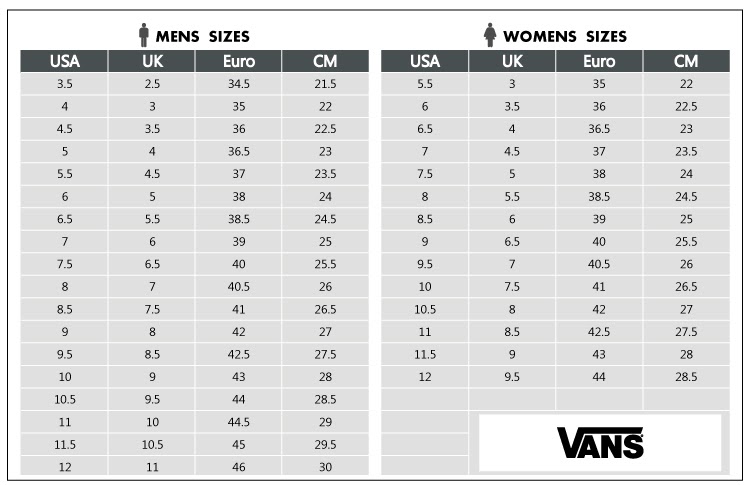 Size Chart For Vans