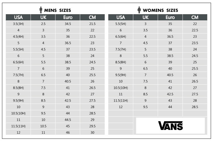 Size Chart For Vans