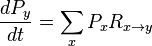 {dP_y \over dt} = \sum_x P_x R_{x\rightarrow y}
\,