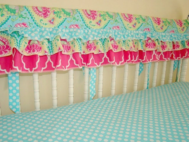 Ruffled Bumperless Crib Bedding. Bright Teal and Hot Pink Teething Guard, Crib Rail Cover and Fitted Crib Sheet. - LinenBaby Ruffled Bumperless Crib Bedding. Bright Teal and Hot Pink Teething Guard, Crib Rail Cover and Fitted Crib Sheet. - LinenBaby