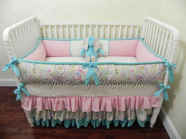 Custom Crib Bedding Sydney - Paisley with Pink and Aqua - BabyBeddingbyJBD Custom Crib Bedding Sydney - Paisley with Pink and Aqua - BabyBeddingbyJBD