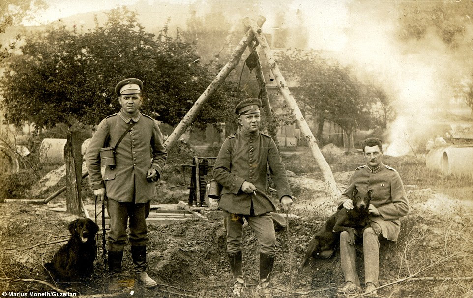 The incredible set of photographs belonged to Robert Lichte (centre), pictured here with two other soldiers and their dogs. Lichte was a medical officer in The Great War. He and his comrades treated around 27million injured and sick soldiers during the battle. Of the 27million, only 5.7million were treated for wounds, the other 21.5million were treated for illnesses
