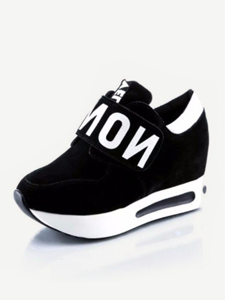 Black White Letter Cloth Hook Loop Flat Running Sport Casual Shoes