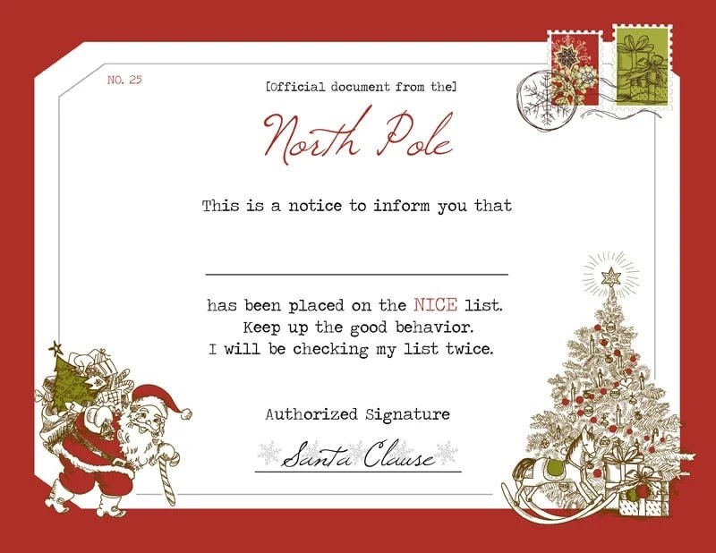 Nice List Certificate Template Free : Personalized Nice List