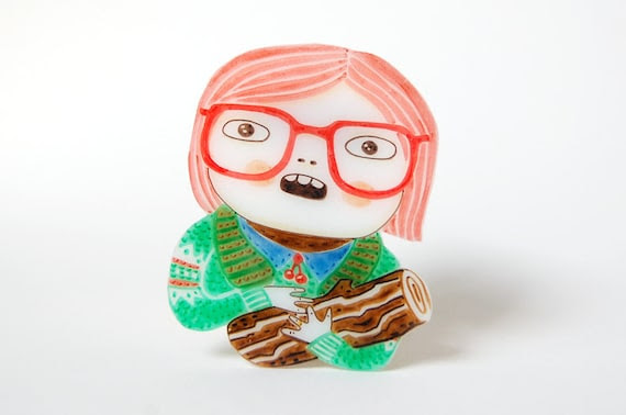 LOG LADY - shrink plastic brooch