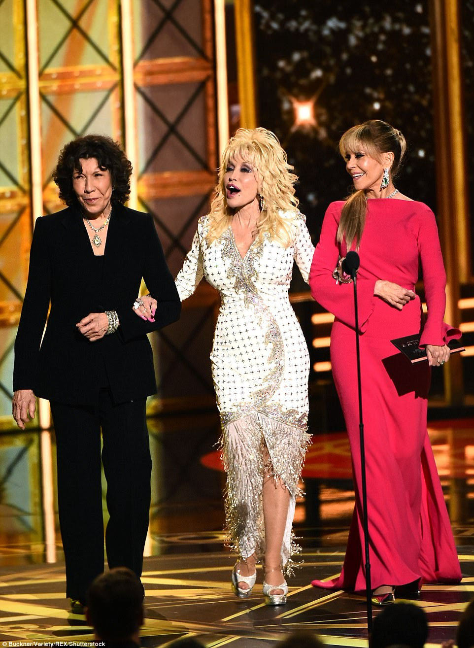 Legends: Lily Tomlin, Dolly Parton and Jane Fonda - pictured from left to right - presented Outstanding Supporting Actor in a Limited Series or a Movie
