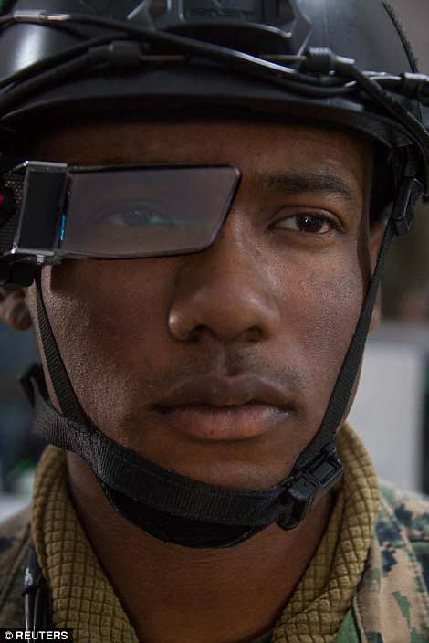U.S. Marine Corps Lance Cpl. Rockwell Collins /wears a Head-Up Display (HUD) during Urban Advanced Naval Technology Exercise 2018 (ANTX18) at Marine Corps Base Camp Pendleton, California