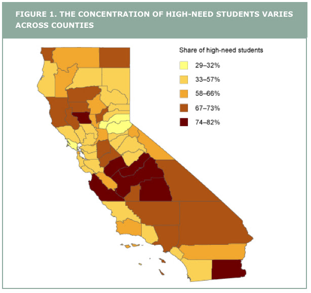This shows the distribution of high-need students, defined under the formula as low-income children, students learning English and foster youths, by county. They are most heavily concentrated in Imperial, Monterey and Yolo counties and counties in the Central Valley. Disparities between high-need and wealthy schools within districts are most prevalent  in the Bay Area and Orange County. 