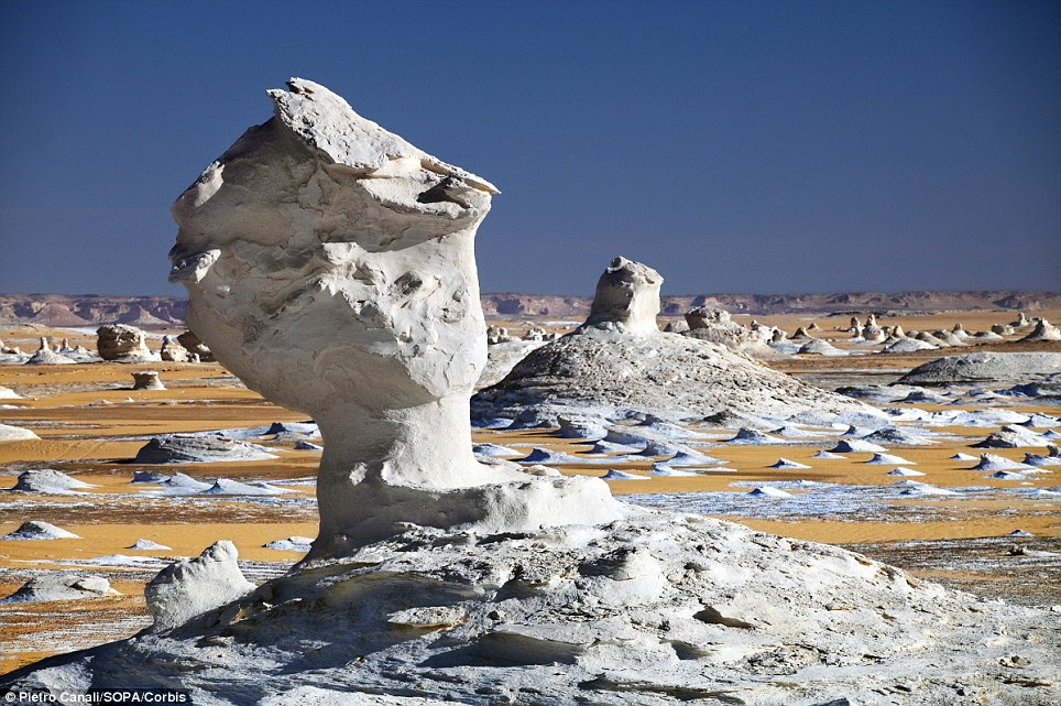 Limestone formations in the White Desert in Egypt, the area has massive chalk rock formations that have been created as a result of occasional sandstorm in the area