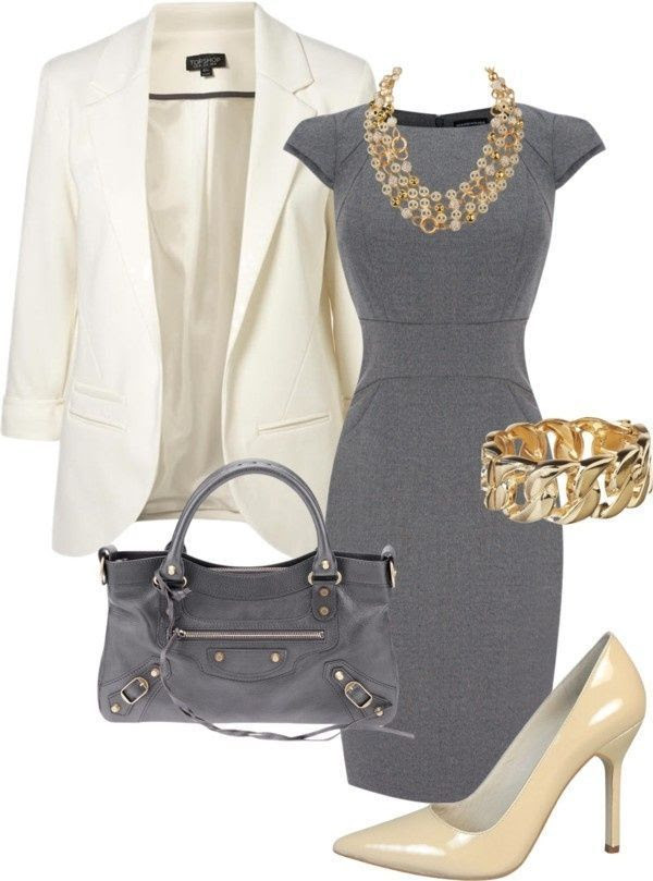 Great work outfit that combines gray and gold very well. Gray dress with white blazer, nude heels and a statement gold necklace and bracelet combo.