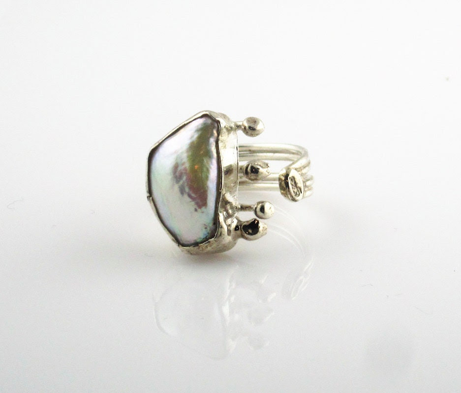 Unusual Pearl Ring - Unique - Recycled Sterling Silver - Adjustable  - Ready to Ship - serpilguneysudesigns