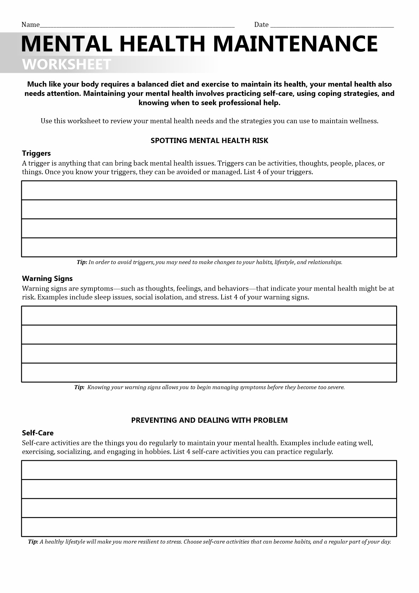 Printable Recovery Worksheets
