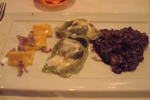 Corn Agnolotti with Summer Truffles, Pumpkin Tortellini, Squid Ink and Seafood Risotto