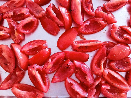 Tomatoes Spread out on Sheet Pan
