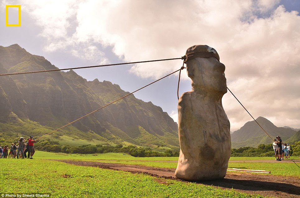 The 10-foot, 5-ton replica of an Easter Island 'moai' dances down the road, guided by teams on each side and behind it