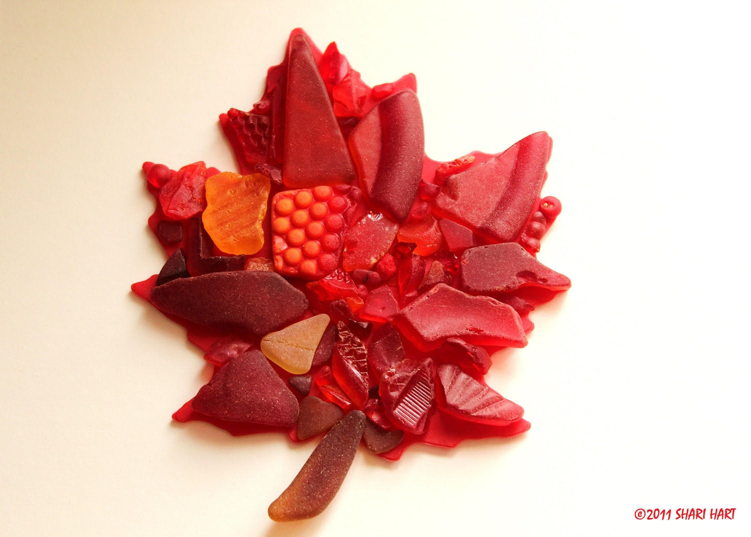 Sea Glass Photography 5x7 Print -RED MAPLE LEAF- sea glass, beach glass, red, orange, yellow, Autumn, New England, mermaid tears