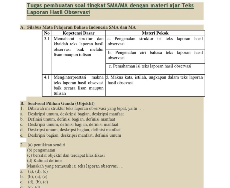 Soal Essay Teks Laporan Hasil Observasi Seputar Laporan