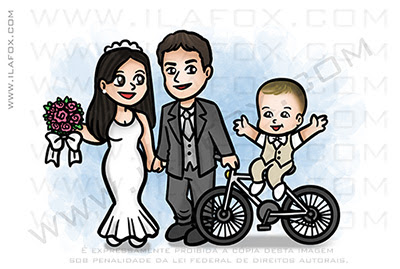 caricatura família, caricatura bicicleta, caricatura casamento, caricatura batizado, by ila fox