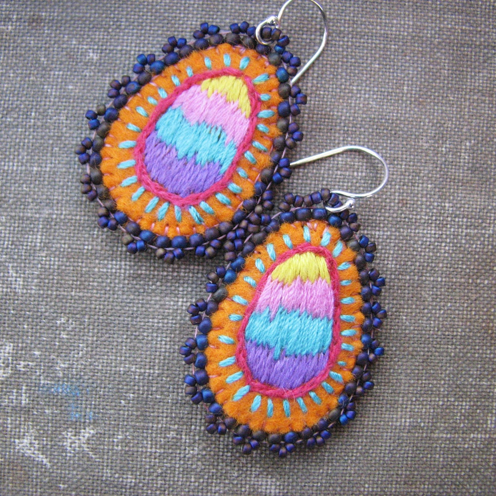 Embroidered Felt Earrings Pastel Stripes with Bead Embroidery - windyriver