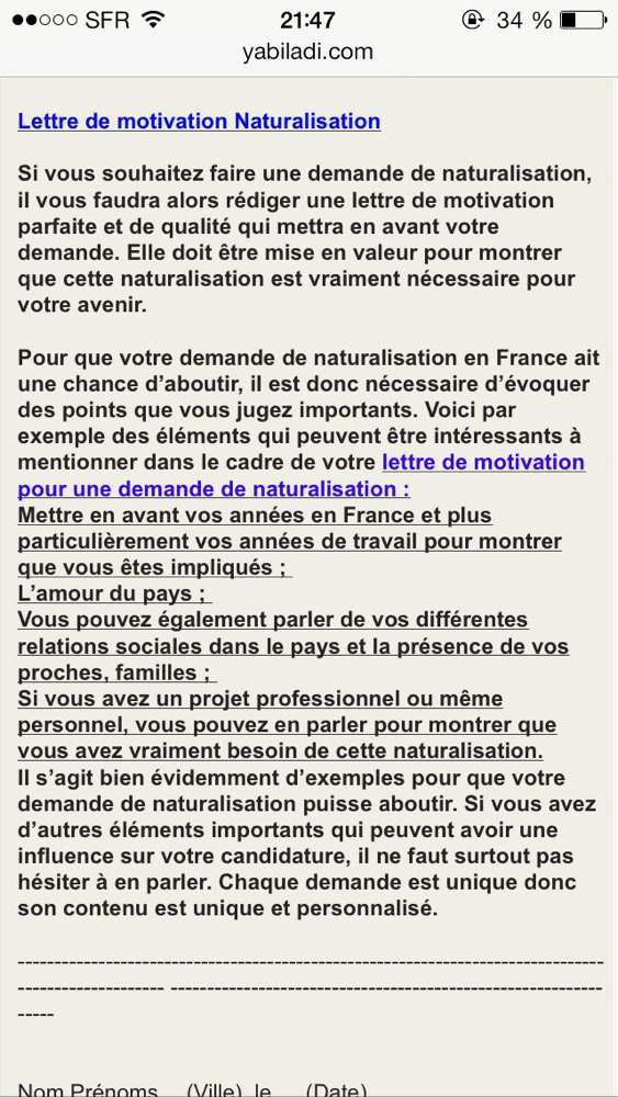 Document modèle Lettre de demande de nationalité française