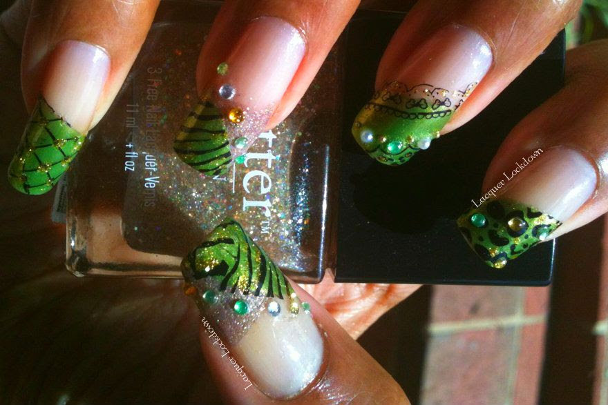 Leopard Laced Peridot Manicure Lacquer Lockdown - LLDBHB, peridot, green, leopard print, zebra print, grid print, bling, rhinestones, safari nails, lace print nails, rhinestone nails, stamping, Cheeky plates, Shany plates, Konad