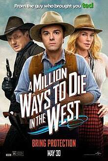 Three people dressed in Western style. On the left in the background a man dressed in dark colors with a gun held high. In the centre a man in a blue shirt with a brown waistcoat, and to his right a blonde woman
