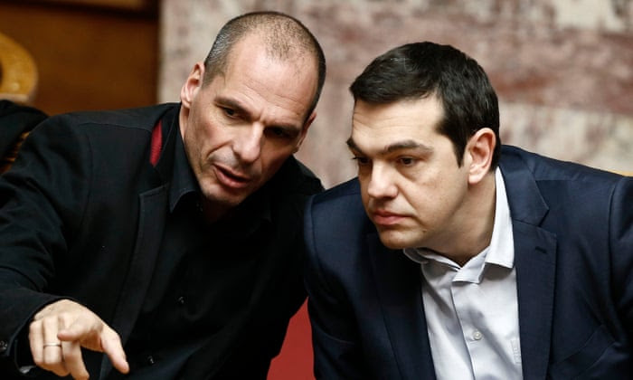 Yanis Varoufakis (left) has opposed the bailout deal struck by Alexis Tsipras.