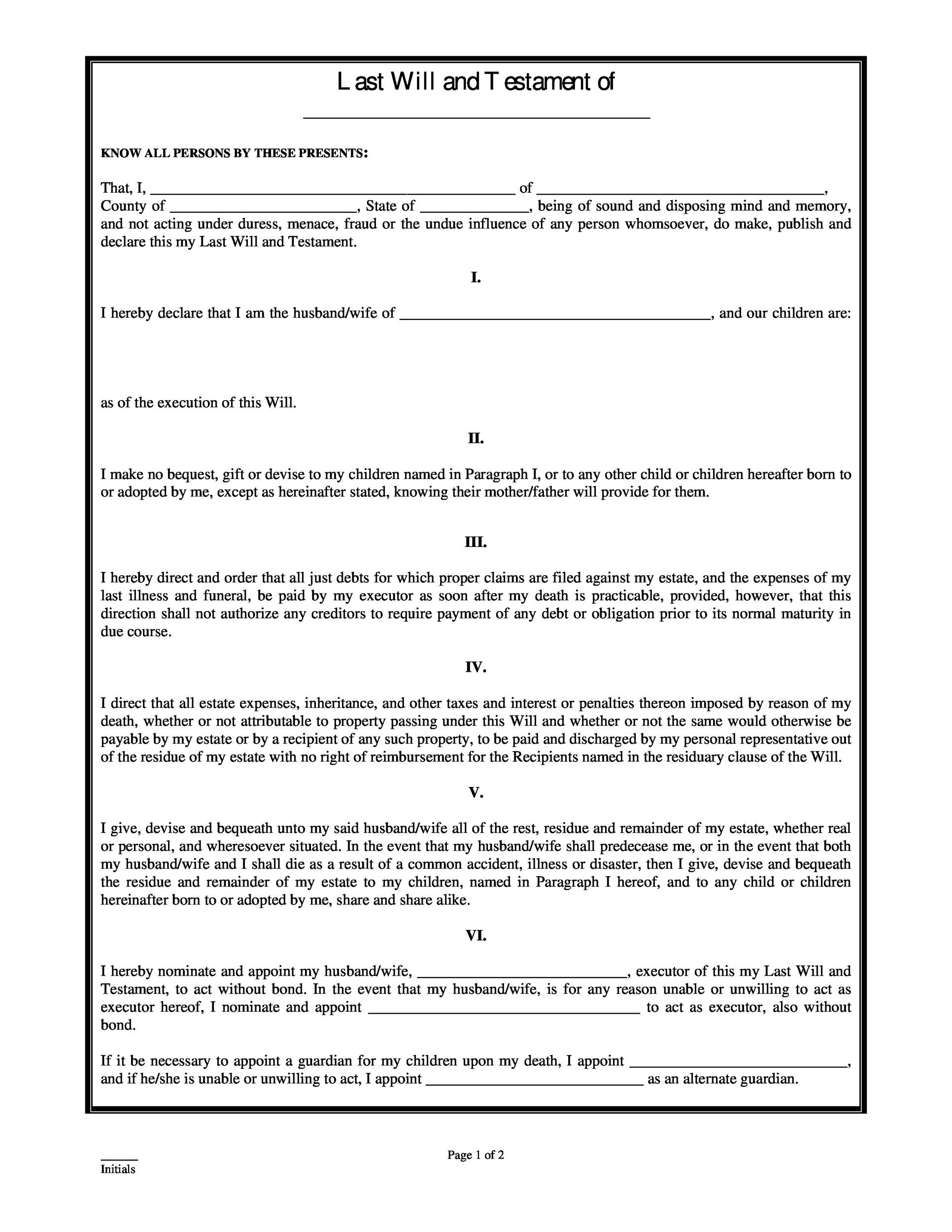 Free Printable Last Will And Testament Form