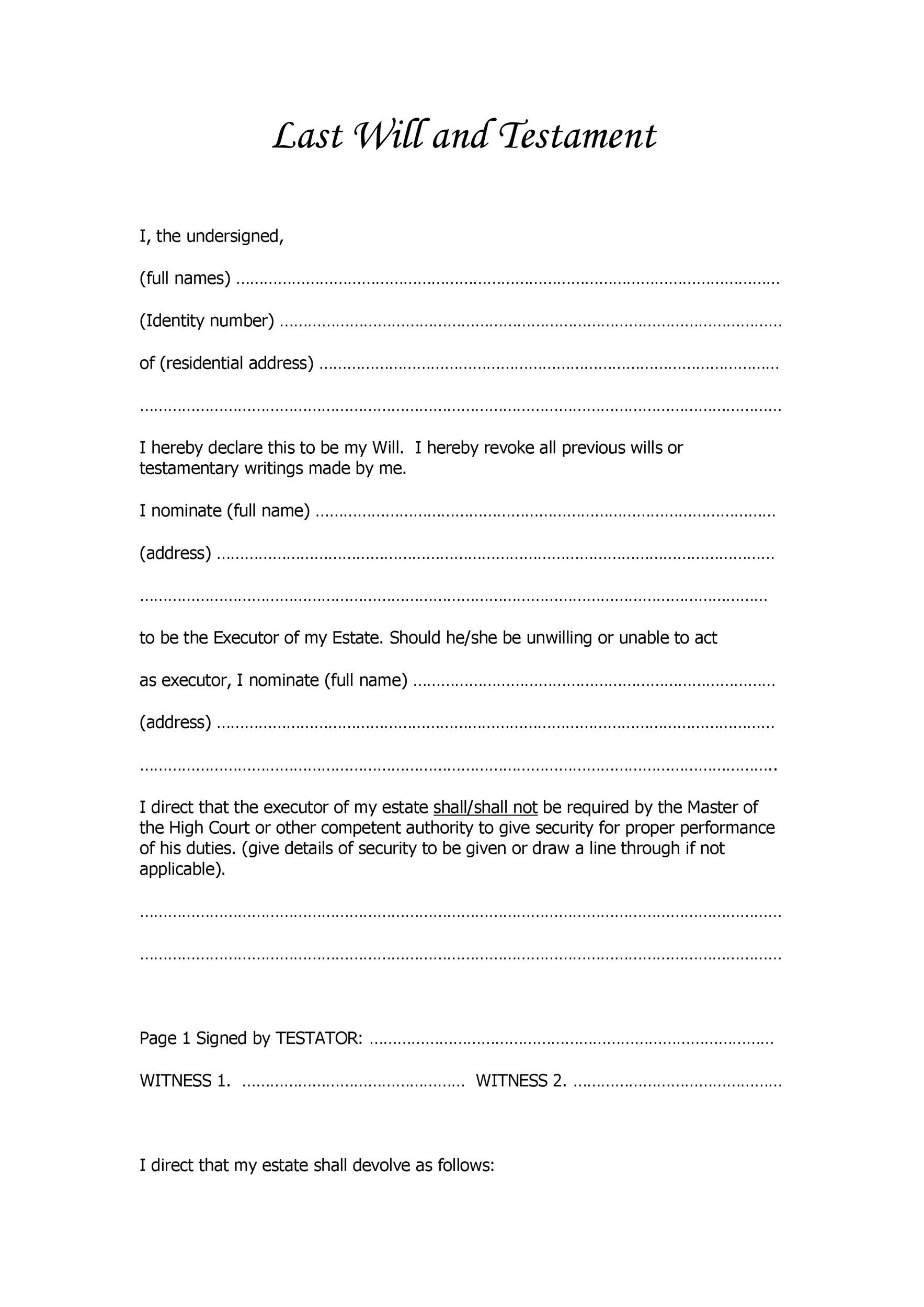 Free Printable Last Will And Testament Blank Forms Florida