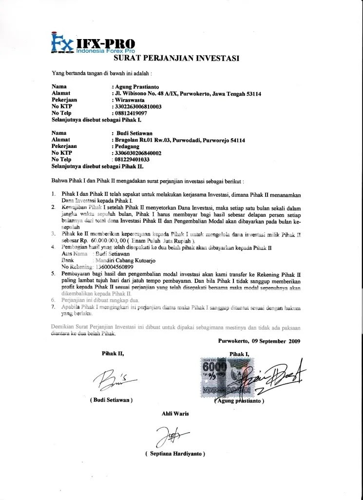 Contoh Surat Perjanjian Kerjasama Investasi Usaha