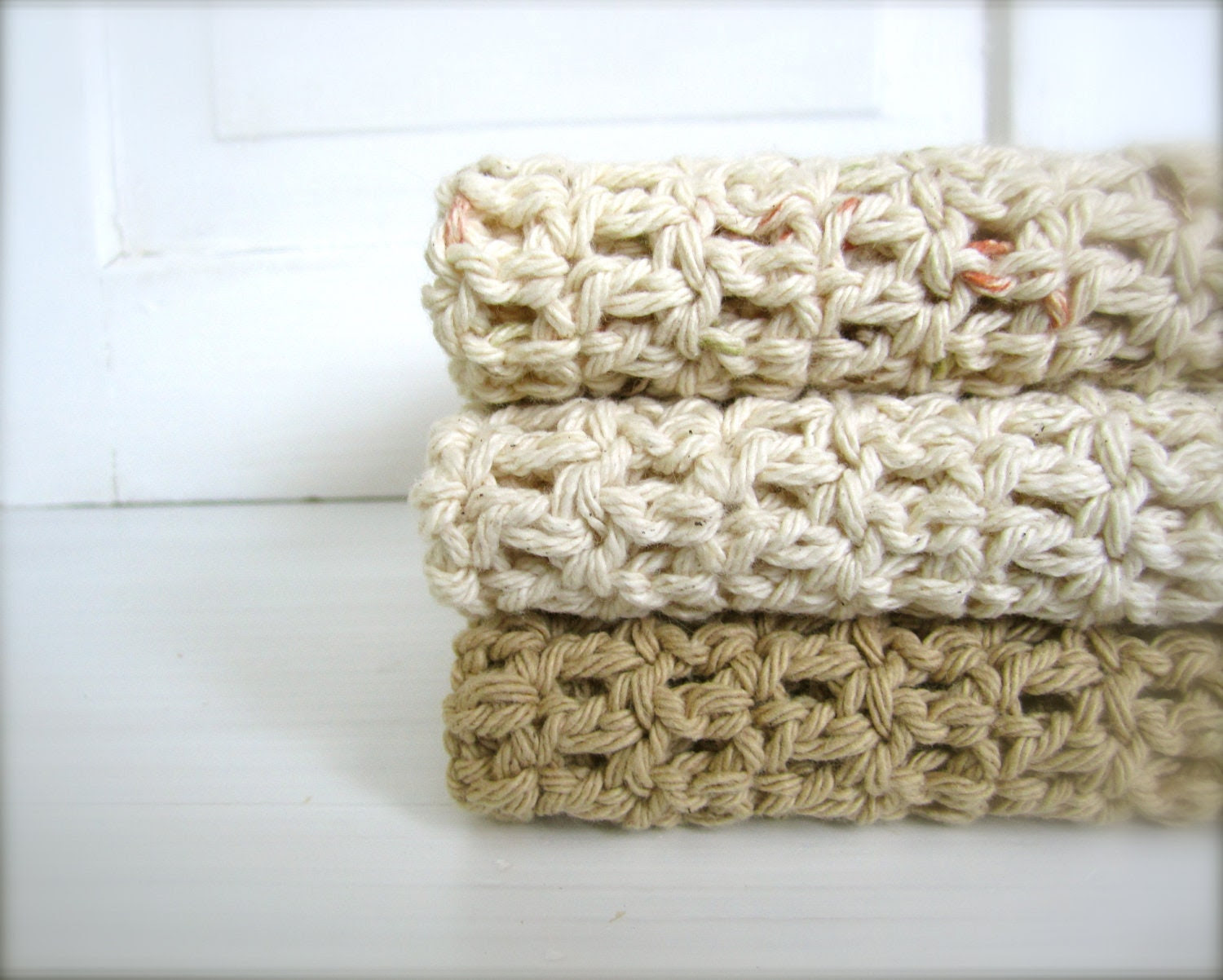 Crochet 100% Cotton Washcloths Dishcloths, Facecloths Set of 3, Mocha Tan, Natural Cream, Neutral - craftsbybeck Crochet 100% Cotton Washcloths Dishcloths, Facecloths Set of 3, Mocha Tan, Natural Cream, Neutral - craftsbybeck