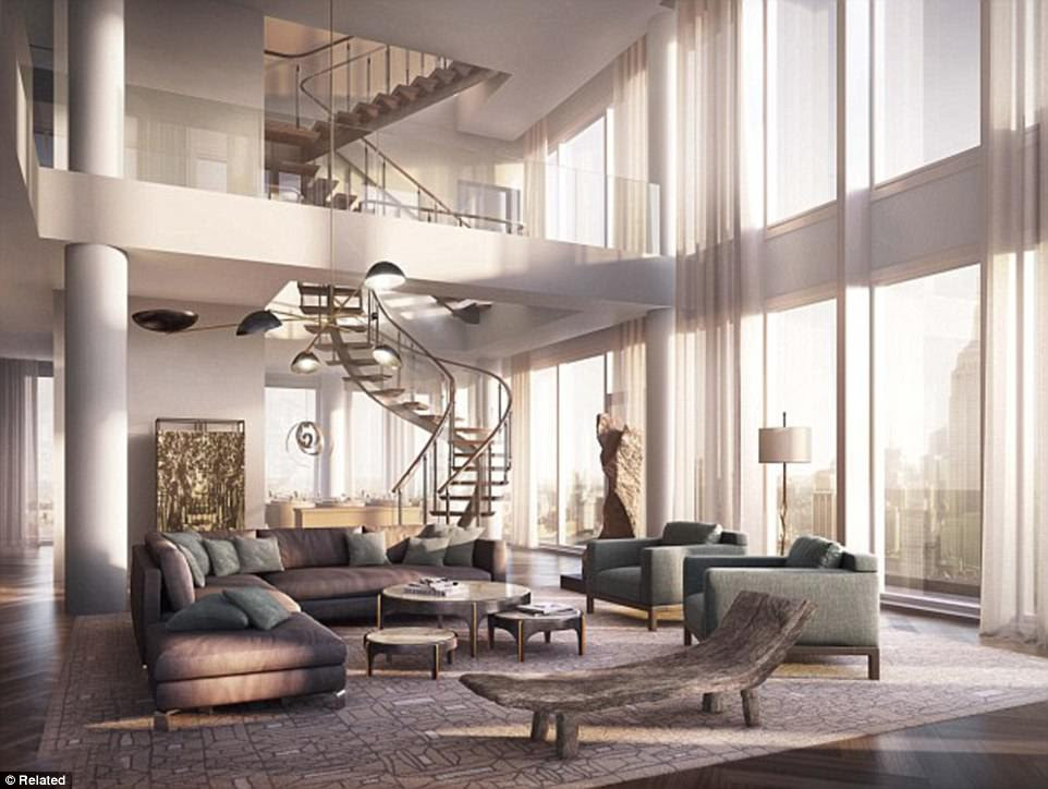 The 6,850-square-foot penthouse property, in Manhattan, features a spiral staircase and wall-to-wall glass
