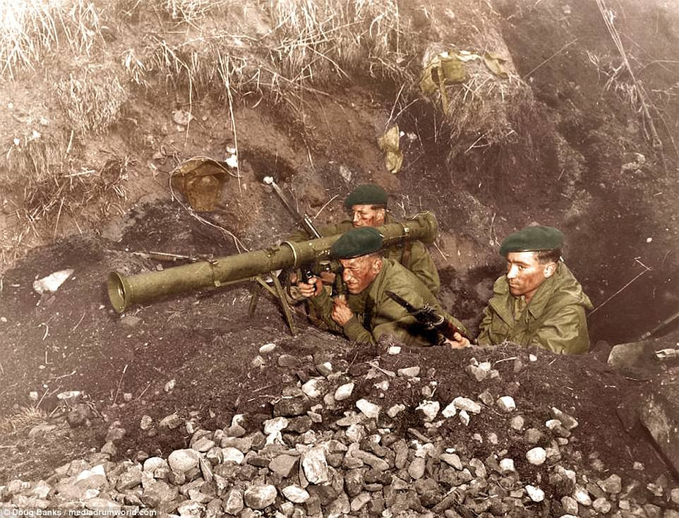 The photographs also show Britain's Royal Marines armed with an M20 3.5-Inch 'Bazooka' watching for enemy tanks. The Korean War began on June 25, 1950, when North Korea invaded South Korea. This prompted the United Nations, with the United States as the principal force, to come to South Korea's aid. North Korea were aided by China while the USSR gave some assistance