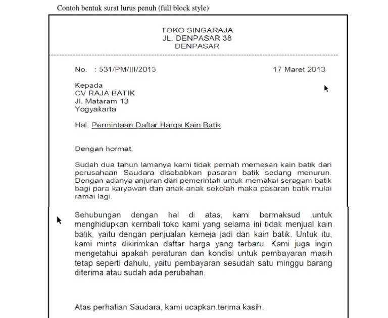 Contoh Surat Bentuk Lurus Penuh Atau Full Block Style