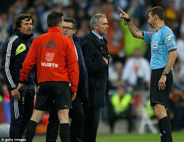 Early bath: Mourinho was sent off in Real's 2-1 Copa Del Rey final defeat by Atletico 