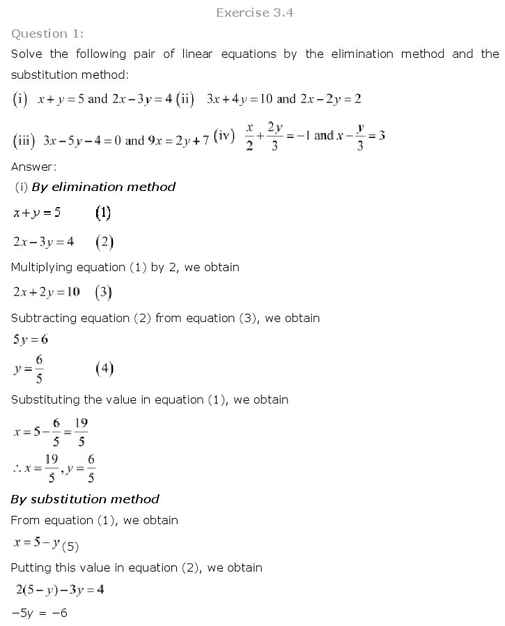 NCERT Solutions for Class 10th Maths Chapter 3 – Pair of Linear Equations in Two Variables
