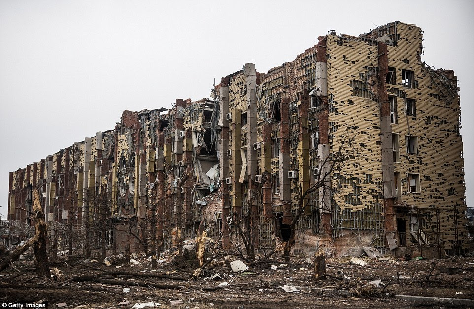 Ruins: A heavily damaged hotel stands in ruins near to Donetsk airport in Donetsk, Ukraine