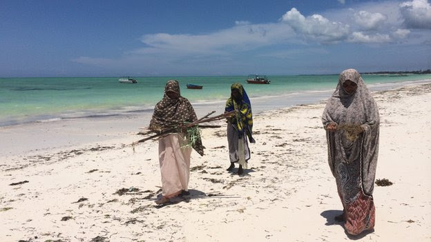 Mwanaisha Makame (R) walks with other women on  the beach in Zanzibar (March 2014)