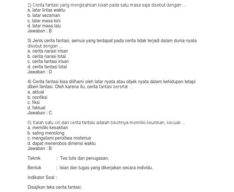 Contoh Soal Ulangan Harian Cerita Fantasi