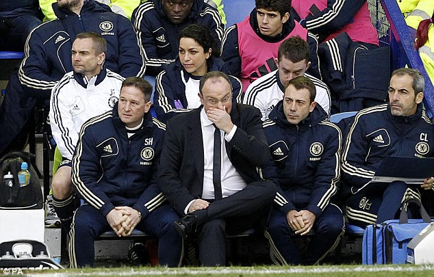 Forced into action: Chelsea boss Rafael Benitez (second left) had to withdraw Petr Cech at the break