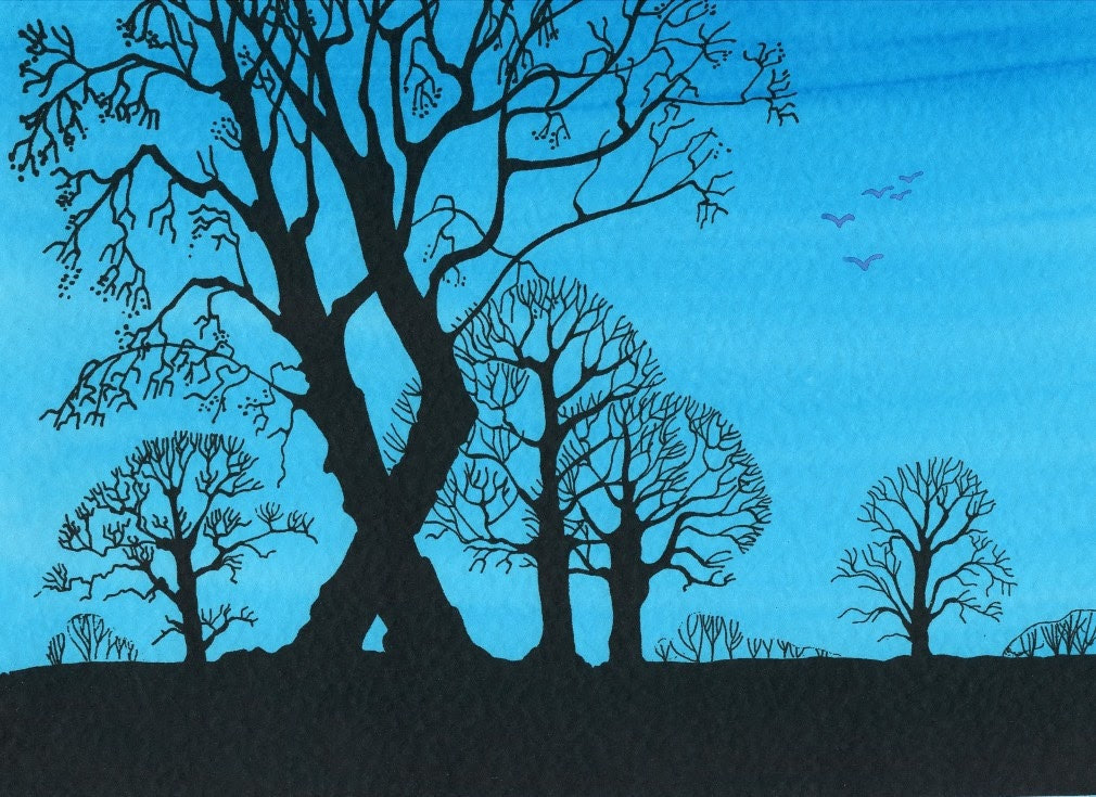 Tree Silhouette in a Blue Sky with Birds. - FlorenceFantasyArt Tree Silhouette in a Blue Sky with Birds. - FlorenceFantasyArt