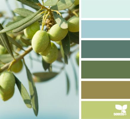 http://www.pinterest.com/pin/286189751293538409/ blues and greens are always my favorites (especially greens!) but that color next to the bottom one just sets this off! Why? A little acidity, sharpness, kind of puts you and the rest of the colors on edge and grabs you! It is the warmest (reddest/yellowest) color in the bunch, that's why!